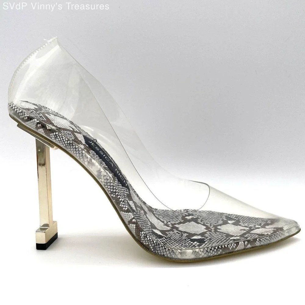 Jessica Rich Racy Pump Snakeskin Clear Gold Pointed Toe Stiletto Size 39